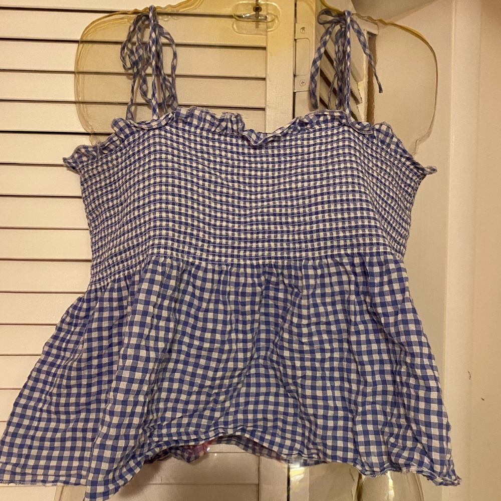 Blue and white plaid slightly cropped shirt from H&M.